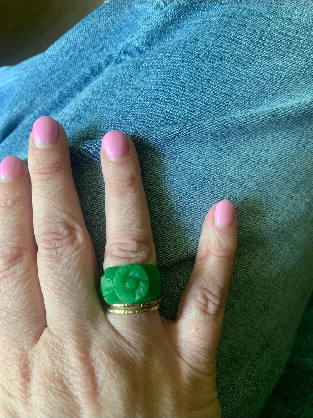 Green Hand Carved Jade Flower Ring